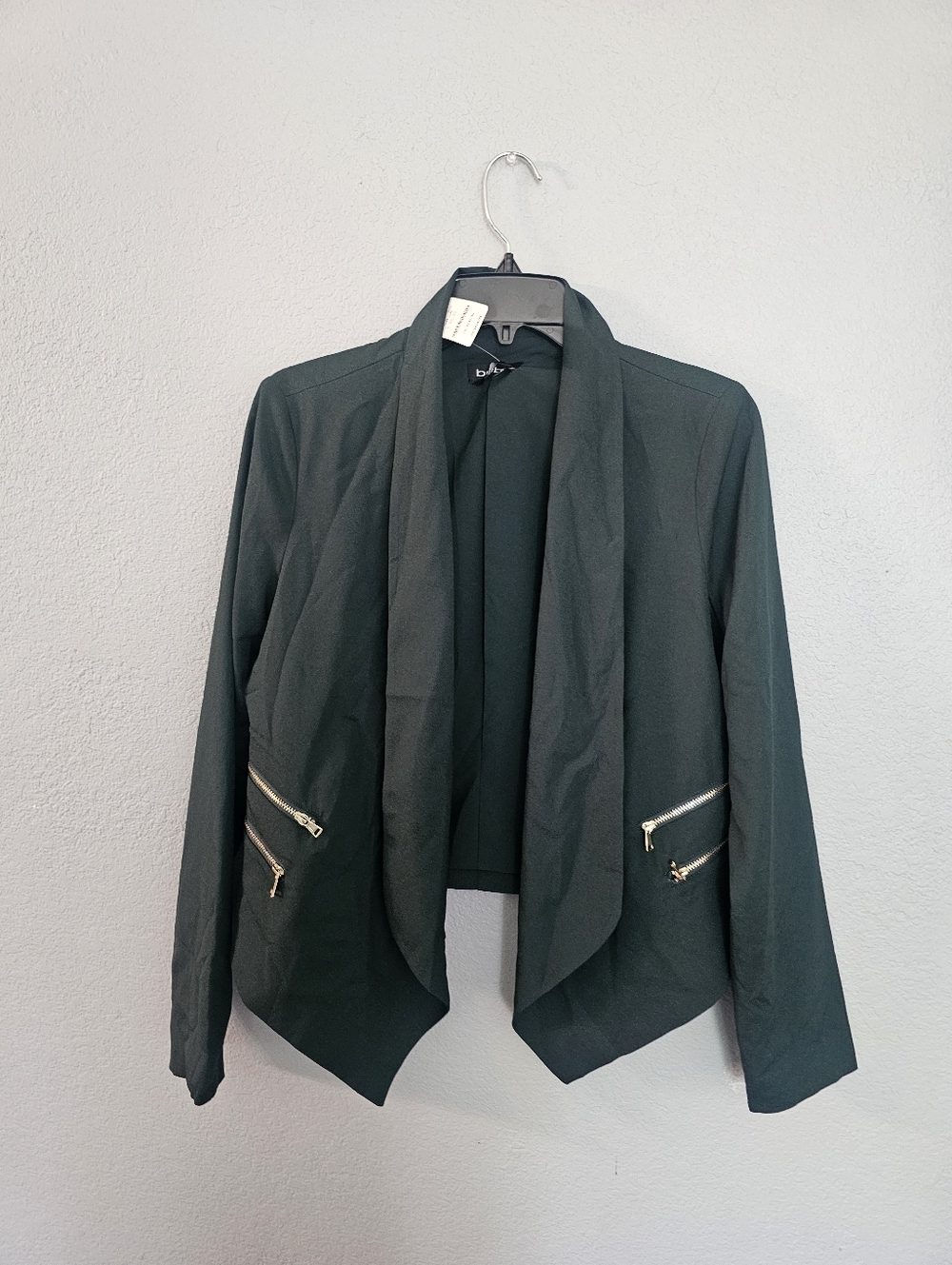 bebe Dark Green Open-Front Blazer with Gold Zippers